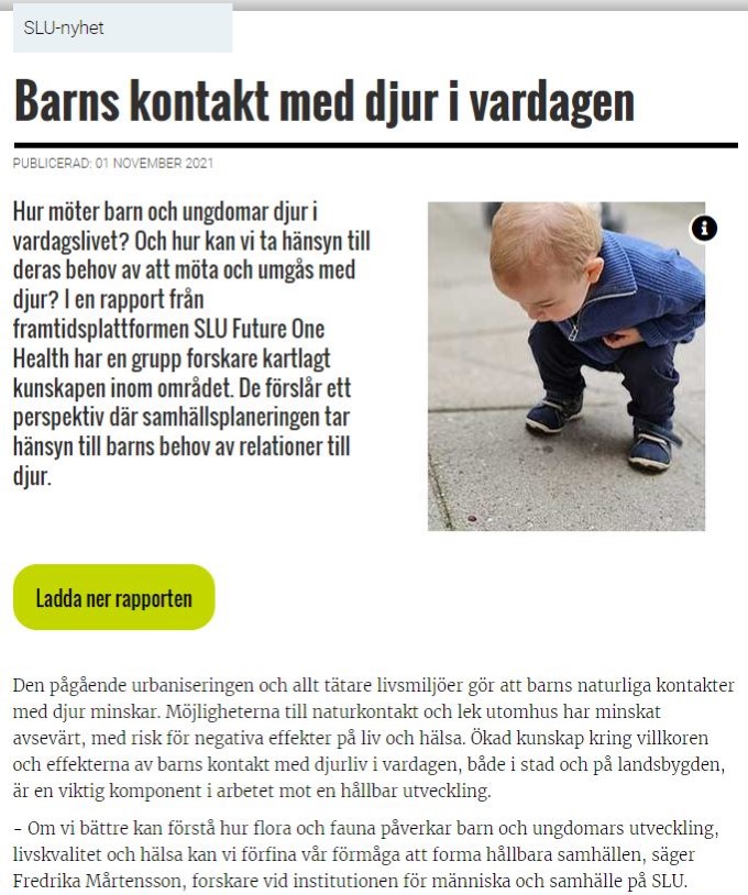 skärmdump från webbtext om barn och djur